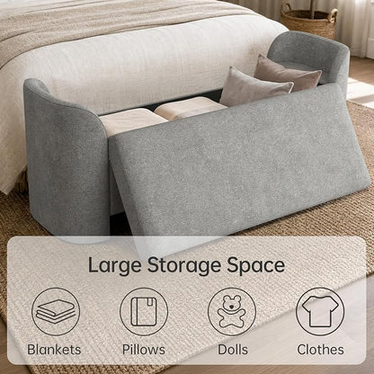 Usaint 58.3" Storage Ottoman Bench with Pillows, Upholstered End of Bed Bench with Arms, Footrest Stool Bench for Bedroom, Living, Window, Entryway and Hallway, Grey