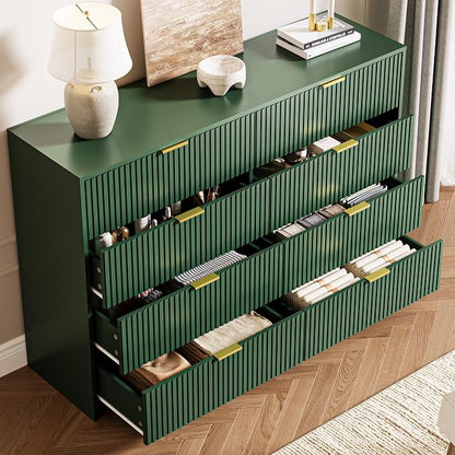 MAISONARIA 3-Piece Dresser Bedroom Set, 8 Drawer Dresser & 3 Drawer Nightstands with Gold Handles, Fluted Wood Chest of Drawers for Bedroom, Living Room, Entryway, Green
