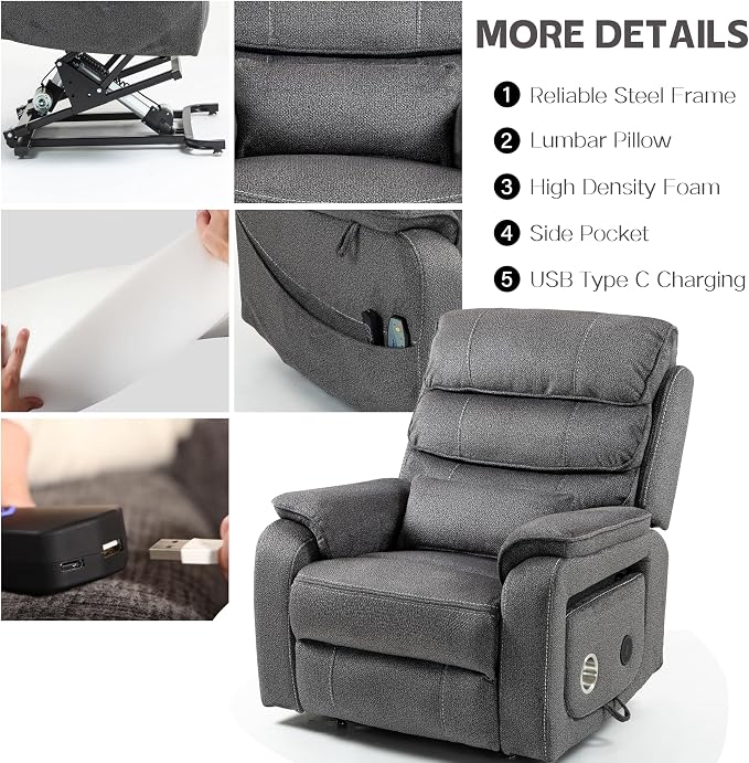 JIKFRIMA Power Lift Recliners Chairs for Elderly Adults Lay Flat Recliner with Heat & Massage, Wireless Charging Device, USB Ports, Cup Holder, Lumbar Pillow, 400Lbs（Grainy Fibric,Grey）