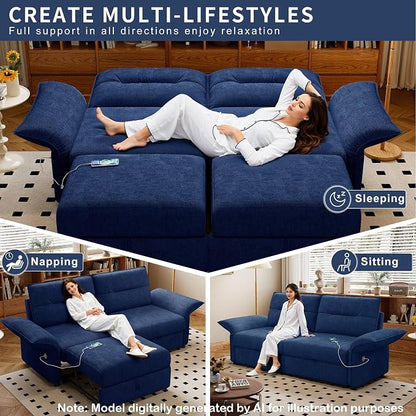 85'' Sofa Bed Full, Assembly, 3 in 1 Sleeper Sofa Beds, Flannel Pull Out Couch for Living Room, Charging & Adjustable Armrest, Comfy Loveseat for Small Space, Flannel Blue