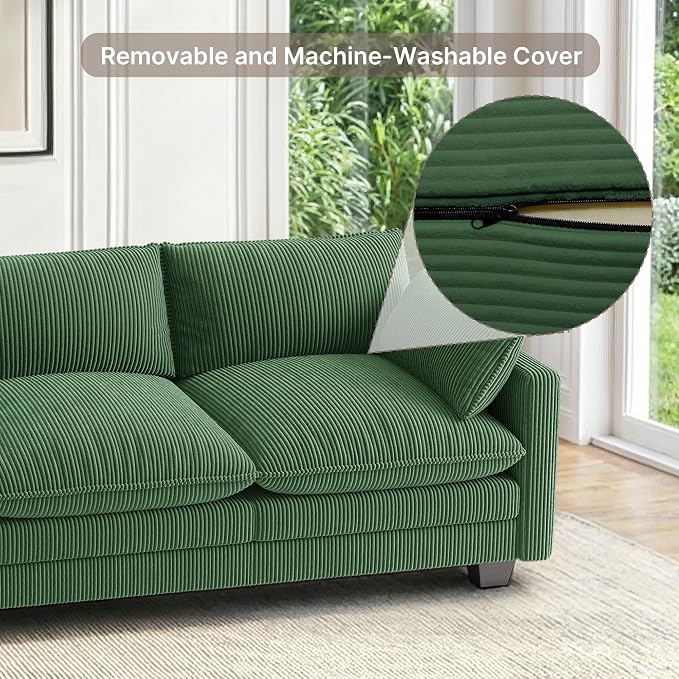 Gizoon 110'' Oversized L Shaped Couch for Living Room, Cloud Couches with Washable Corduroy Cover, Modern 4-Seater Comfy Deep-Seat Sofa with Movable Ottoman and 2 Throw Pillows for Apartment, Green