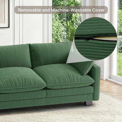 Gizoon 110'' Oversized L Shaped Couch for Living Room, Cloud Couches with Washable Corduroy Cover, Modern 4-Seater Comfy Deep-Seat Sofa with Movable Ottoman and 2 Throw Pillows for Apartment, Green