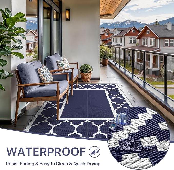 GENIMO 5' x 8' Outdoor Rug Waterproof for Patio Decor, Foldable Reversible Plastic Straw Area Rugs Mat for Camper, Outside Carpet for Rv, Deck, Porch, Picnic, Beach, Balcony, Blue & White
