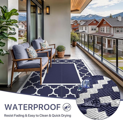 GENIMO 5' x 8' Outdoor Rug Waterproof for Patio Decor, Foldable Reversible Plastic Straw Area Rugs Mat for Camper, Outside Carpet for Rv, Deck, Porch, Picnic, Beach, Balcony, Blue & White