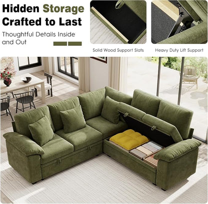 Ihanherry 86" Modular Sectional Sofa with Pull Out Bed, 5-Seater L Shaped Sectional Sleeper Couch with Storage, Chenille Convertible Couches for Living Room, Apartment (Green)