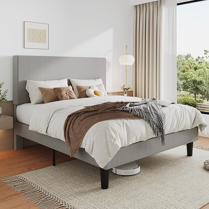 Allewie Queen Size Upholstered Bed Frame with Vertical Channel Tufted Headboard, Soft Corduroy Fabric Platform Bed, Strong Wooden Slats Support, Easy Assembly, No Box Spring Needed, Light Grey