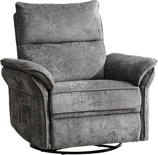 Swivel Rocker Recliner, Glider Recliner Nursery Chair with Massage and Heat, Power Nursery Rocking Chairs with Adjustable Headrest for Living Room，USB Ports,Side Pockets,Chenille Grey