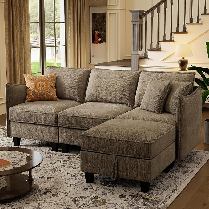 WorthFurni Modular Sectional Sofa L Shape Couches with Storage Ottoman and Washable Cushion Cover for Living Room, Apartment, Bedroom(Brown)