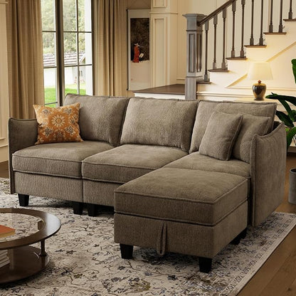 WorthFurni Modular Sectional Sofa L Shape Couches with Storage Ottoman and Washable Cushion Cover for Living Room, Apartment, Bedroom(Brown)