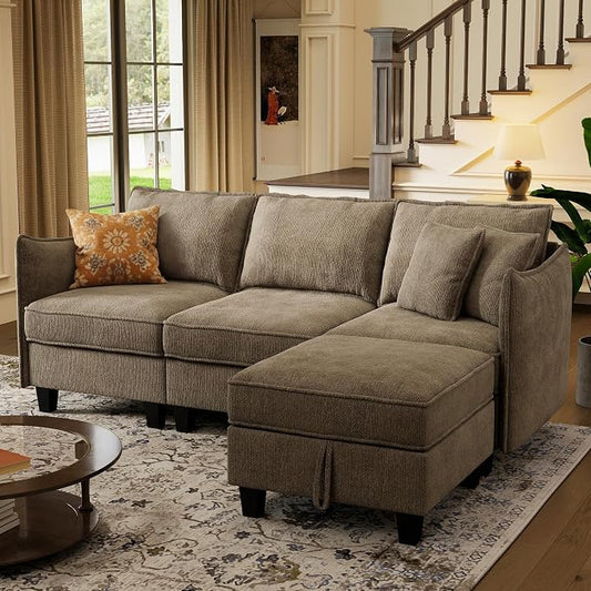 WorthFurni Modular Sectional Sofa L Shape Couches with Storage Ottoman and Washable Cushion Cover for Living Room, Apartment, Bedroom(Brown)