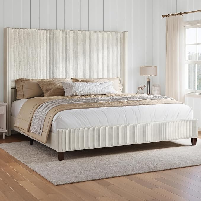 HOWE Queen Size Bed Frame with 61.4" Extra Tall Headboard, Corduroy Upholstered Bed with Vertical Wingback Headboard, No Box Spring Needed/Noise Free/Solid Wood Slats & Legs/Cream