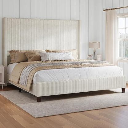 HOWE Queen Size Bed Frame with 61.4" Extra Tall Headboard, Corduroy Upholstered Bed with Vertical Wingback Headboard, No Box Spring Needed/Noise Free/Solid Wood Slats & Legs/Cream