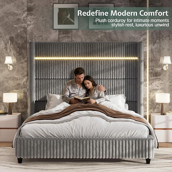 Jocisland King Bed Frame Faux-Fur Upholstered 60" Tall Headboard, Gray | Wingback Headboard, LED lights, USB Charging, Noise-free, No box spring needed, easy assembly, for Master Bedroom
