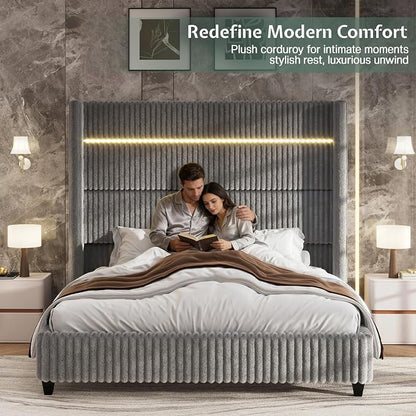 Jocisland Cal King Bed Frame Faux-Fur Upholstered 60" Tall Headboard, Gray | Wingback Headboard, LED lights, USB Charging, Noise-free, No box spring needed, easy assembly, for Tall People