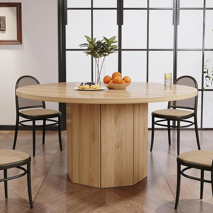 HSH 47” Round Dining Table for 4, Modern Farmhouse Wood Dinner Table with Octagon Pedestal Base, Circular Kitchen Dining Room Table for Home Apartment Living Room, Light Oak