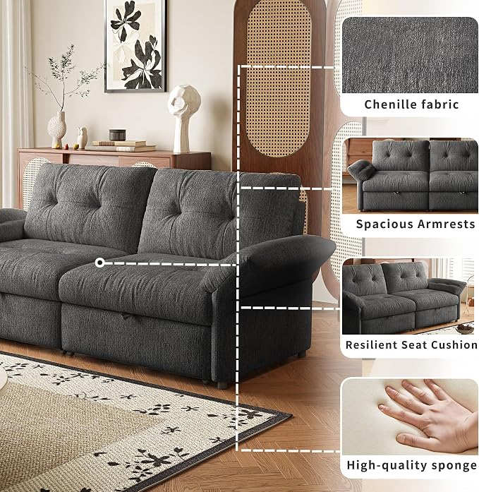 81.5" Pull Out Sofa Bed Full Size, Pre-Assembled Chenille Sleeper Sofa, Convertible Loveseat Futon Couch with Tufted, Pillows, for Apartment, Living Room, Small Spaces, dorms, Grey