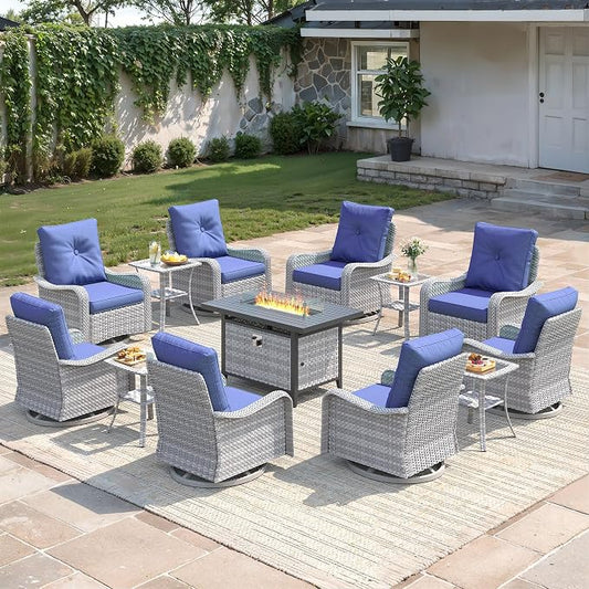 13-Piece Outdoor Conversation Set with 43" Fire Pit Table, 8 Swivel Rocking Chairs (4" Cushions) & 4 Side Tables, All-Weather PE Rattan & Steel Frame for Porch, Deck, Backyard, Blue