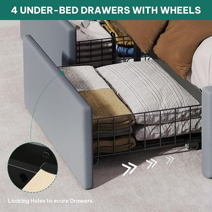 YITAHOME King Size Bed Frame with 4 Storage Drawers and RGB LED Lights, 57'' Tall Headboard Velvet Upholstered Bed with Charging Station, No Box Spring Needed, Easy Assembly, Noise-Free, Grey
