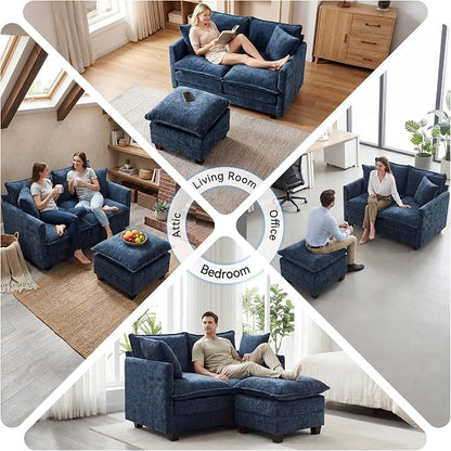 L-Shape Loveseat Sofa Couch with Ottoman, Small 50" Love Seat 27" Deep Cloud Sofa Washable Chenille Pillow for Apartment Bedroom Dorm Attic Studio Office Living Room Small Space 8833-BLUE-L