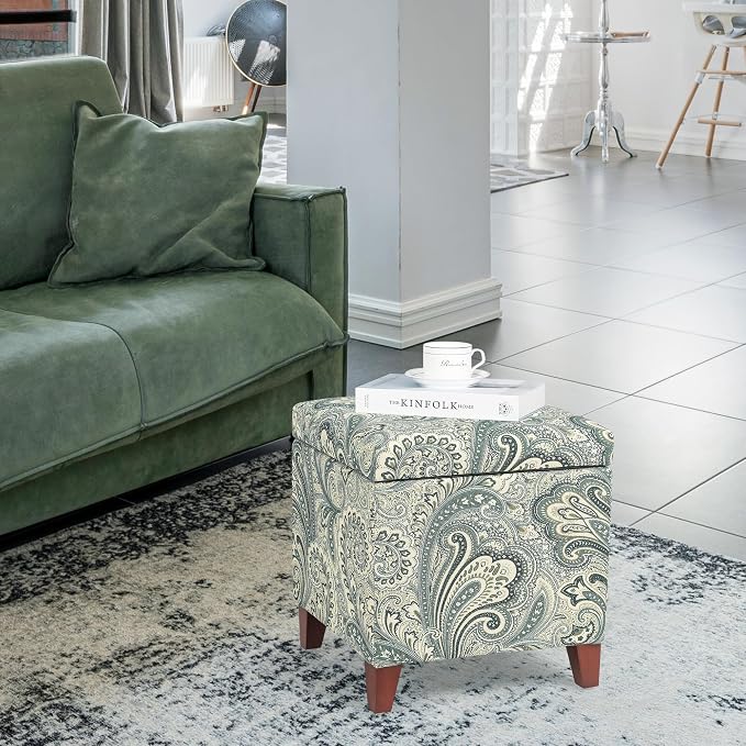 Adeco 18" Cube Storage Ottoman in Blue Paisley, Upholstered Linen Foot Stool & Accent Chair for Entryway, Vanity or Small Spaces