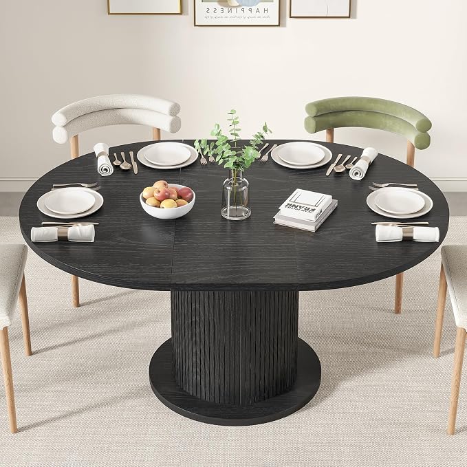 43.3 inch 59 inch Adjustable Size Round Dining Table for 4 6, Unique Design Modern Farmhouse Kitchen Table, Circle Dining Tables with Wood Strip Base for Kitchen Living Room (Black)