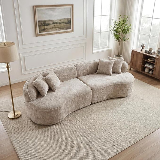 114-Inch Curved Boneless Modular Sofa Compressed 4-Seat Cloud Couch with 4 Pillows, Modern Curved Boneless Foam Sofa Floor Deep Seat Cloud Couch for Living Room Bedroom