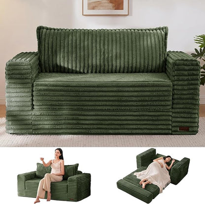 MAXYOYO Convertible Sofa Bed, 2 in 1 Folding Couch Bed for Small Space, Pull Out Loveseat Sofa Couch with Large Back Pillow, Plush Fabric Lounge Couch for Living Room, Apartment, Dark Green