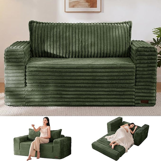 MAXYOYO Convertible Sofa Bed, 2 in 1 Folding Couch Bed for Small Space, Pull Out Loveseat Sofa Couch with Large Back Pillow, Plush Fabric Lounge Couch for Living Room, Apartment, Dark Green