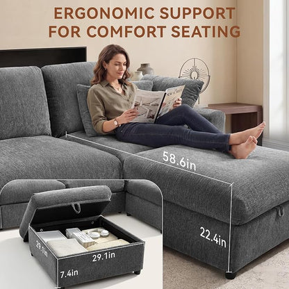 Ihanherry 141" Oversized Cloud Sectional Couches for Living Room, Modular Sectional Sofa with Wide Deep Seat, U Shaped Couch with Throw Pillow and Storage Ottoman, Dark Grey
