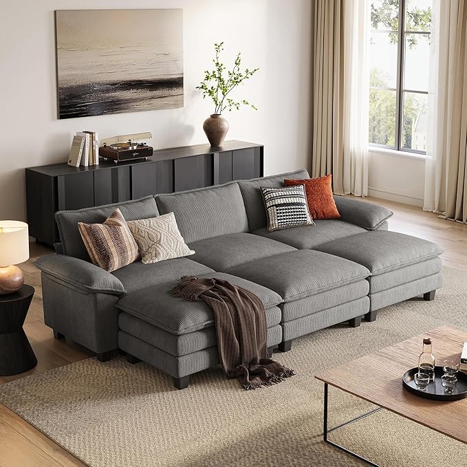 LINSY HOME 123'' Modular Sectional Sofa 3 Seat Couch Corduroy Cloud Couch with Deep Seat, Modern Cloud Couch with 3 Movable Ottoman for Living Room, Office, Bedroom, Grey