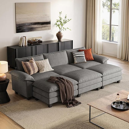 LINSY HOME 123'' Modular Sectional Sofa 3 Seat Couch Corduroy Cloud Couch with Deep Seat, Modern Cloud Couch with 3 Movable Ottoman for Living Room, Office, Bedroom, Grey