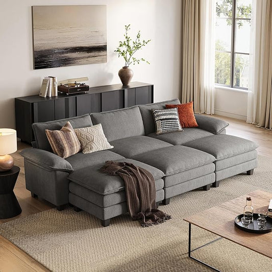 LINSY HOME 123'' Modular Sectional Sofa 3 Seat Couch Corduroy Cloud Couch with Deep Seat, Modern Cloud Couch with 3 Movable Ottoman for Living Room, Office, Bedroom, Grey