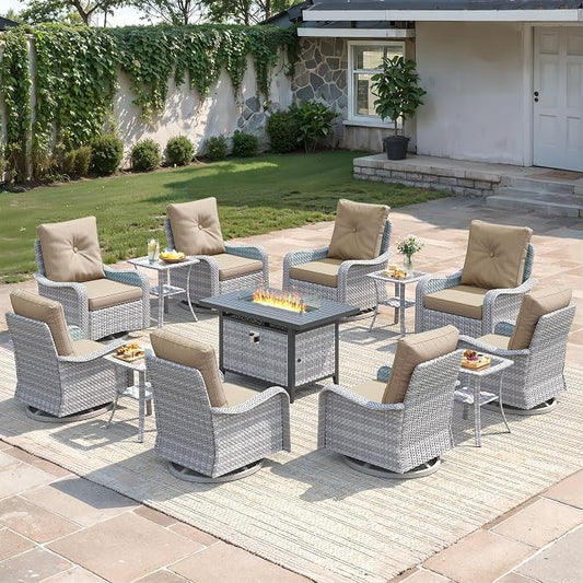 13-Piece Outdoor Conversation Set with 43" Fire Pit Table, 8 Swivel Rocking Chairs (4" Cushions) & 4 Side Tables, All-Weather PE Rattan & Steel Frame for Porch, Deck, Backyard, Beige