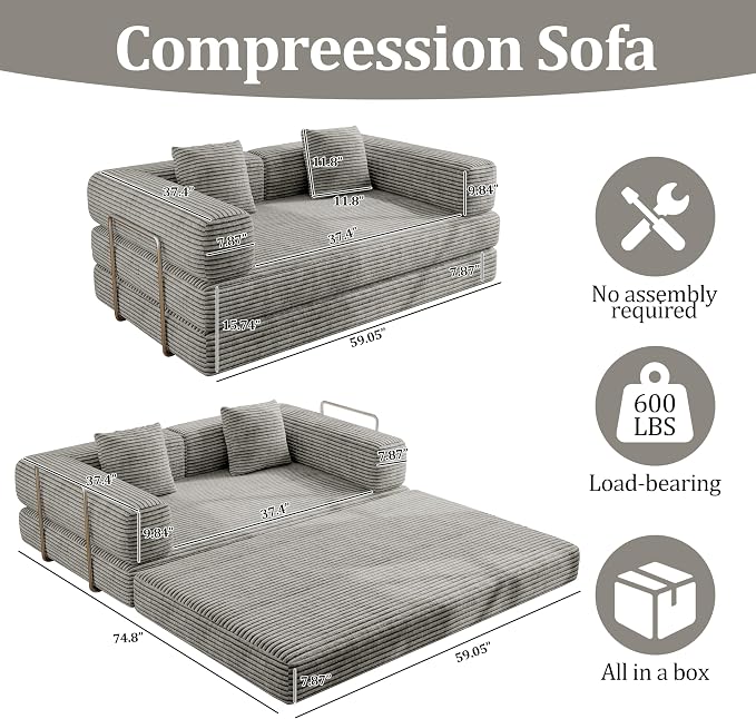 BSHOMGI 4 in 1 Convertible Sofas Boneless Couches with 2 Pillow, Modern Corduroy Futon Bed, Modular Queen Sofa with Pull-Out Bed, LoveSeat for Living Room, Small Space Apartment 59" 2 Seat