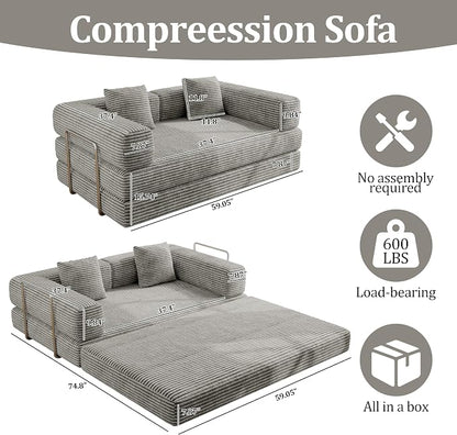 BSHOMGI 4 in 1 Convertible Sofas Boneless Couches with 2 Pillow, Modern Corduroy Futon Bed, Modular Queen Sofa with Pull-Out Bed, LoveSeat for Living Room, Small Space Apartment 59" 2 Seat
