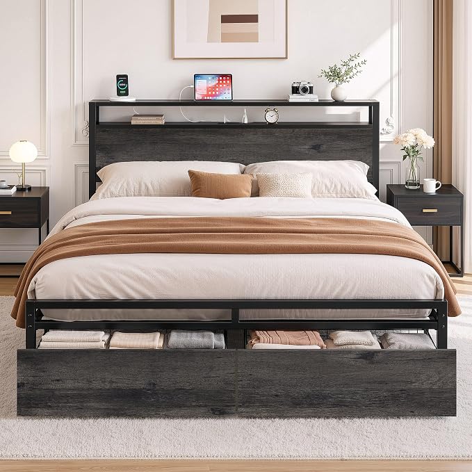 LIKIMIO Queen Bed Frame with 2 2-Tier Storage Headboard, Platform Bed with 2 Drawers and Charging Station, No Box Spring Needed, Easy Assembly, Charcoal Grey