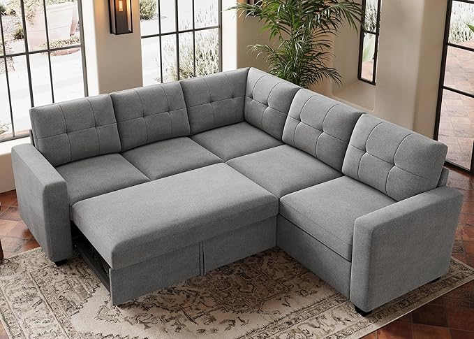 HONBAY 83.4 Inch U-Shaped Sectional Sleeper Sofa with Pull-Out Bed, 5-Seater Sectional Sofa for Living Room, Pet-Resistant Fabric Couch, Grey