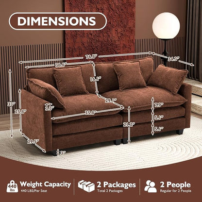 Ihanherry Cloud Sofa 77 Inch Loveseat, Modern Sectional Couch, 2-Seats Sofa for Living Room Bedroom and Apartment, Comfy Double Layer Upholstered Seat Cushion, Breathable Chenille Fabric, Brick Red