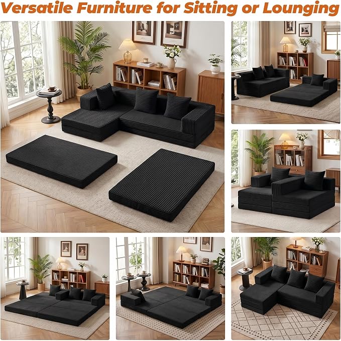 6-in-1 Boneless Couches Modular Sectional Sofa | Cloud Couch Sectional & Tri-Folding Mattress | Corduroy Pet-Friendly Convertible Sofa Bed with 800LB Capacity Living Room, Apartment, Guest Room