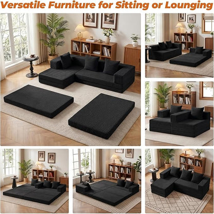 6-in-1 Boneless Couches Modular Sectional Sofa | Cloud Couch Sectional & Tri-Folding Mattress | Corduroy Pet-Friendly Convertible Sofa Bed with 800LB Capacity Living Room, Apartment, Guest Room