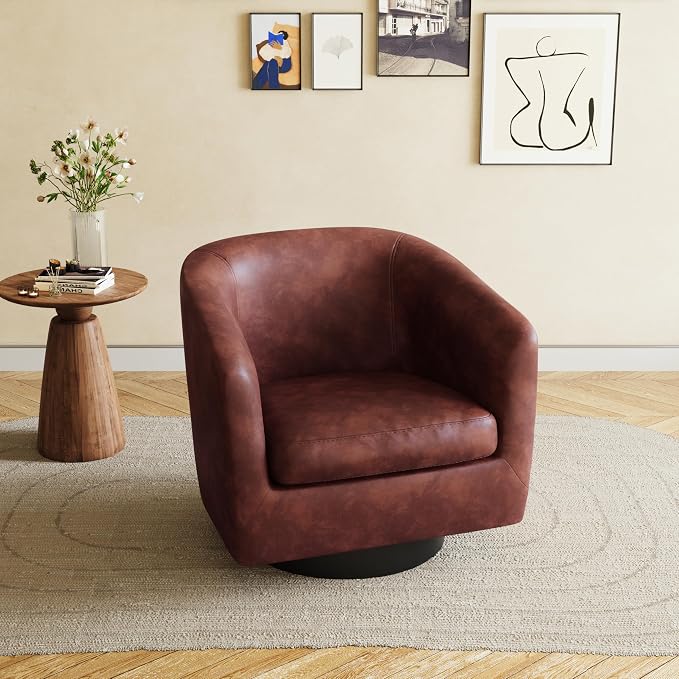 360° Swivel Barrel Accent Chair Armchair, PU Leather Round Club Arm Chair for Lving Room, Modern Upholstered Small Bedroom Single Sofa Seat - Red Brown, Set of 1