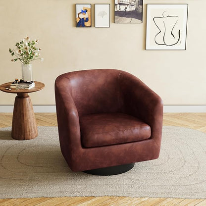 360° Swivel Barrel Accent Chair Armchair, PU Leather Round Club Arm Chair for Lving Room, Modern Upholstered Small Bedroom Single Sofa Seat - Red Brown, Set of 1
