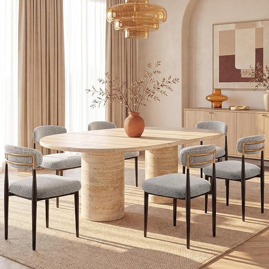 Morden Fort Modern Dining Chairs Set of 6, Boucle Upholstered Kitchen Chairs with Curved Backs and Black Metal Legs for Dining Room, Kitchen and Apartment, Grey