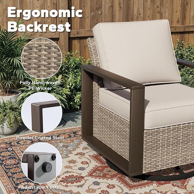 Joyside Outdoor Patio Swivel Rocker Chairs, 5 Pieces Wicker Furniture Set, 2 Swivel Rocking Chairs and 2 Ottoman, Metal Wide Armrest, Thick Cushions and Deep Seating for Garden, Backyard, Porch, Deck