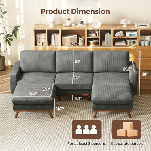 Vesgantti 97" Modular Sectional Sofa Dark Gray, U-Shaped Couch with Movable Ottoman, Comfy Corduroy Couch with Spring Cushion, Modular Sofa with Deep Seat for Living Room, Bedroom and Apartment