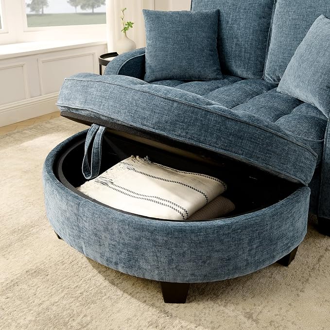 ERYE Chenille Tufted Loveseat Sofa and Ottoman Set, Tufted Recliner Sleeper Chaise Lounge with Curved Storage Ottoman,Reclining Backrest and Side Pockets, 4 Pillows