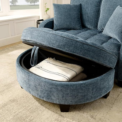 ERYE Chenille Tufted Loveseat Sofa and Ottoman Set, Tufted Recliner Sleeper Chaise Lounge with Curved Storage Ottoman,Reclining Backrest and Side Pockets, 4 Pillows