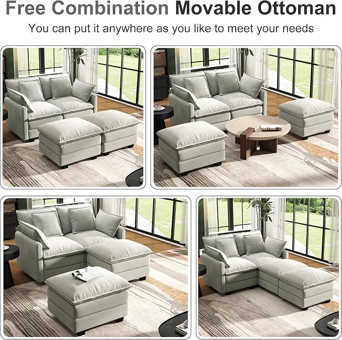 58" Cloud Couch Loveseat, Deep Seat Modular Sectional Sofa with 4 Removable Washable Pillows and 2 Ottoman for Living Room, Bedroom, Apartment, Light Grey