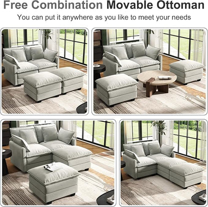 58" Cloud Couch Loveseat, Deep Seat Modular Sectional Sofa with 4 Removable Washable Pillows and 2 Ottoman for Living Room, Bedroom, Apartment, Light Grey