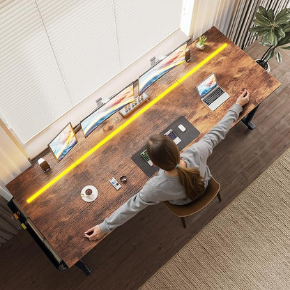 DurayLoly 71"Computer Desk with LED Lights, Large Office Desk for 3 monitors or 2 laptops,Long Desk with Storage Bag&Headphone Hook for Study Writing Work Gaming Desk,Sturdy Metal Frame,Bedroom,Brown